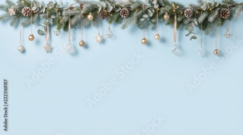 Festive winter holiday background featuring a top border arrangement of frosted evergreen fir branches, eucalyptus leaves, gold and white baubles, stars, pinecones, and fairy lights on a sol
