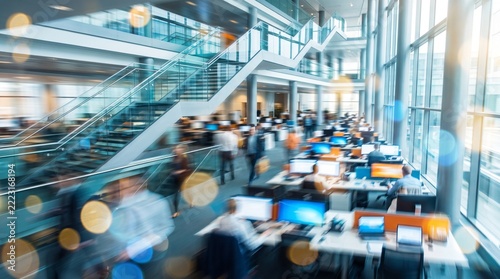 People working at computer desks in a spacious open plan office with motion blur and glowing light bokeh. Ideal for corporate website banners, business news articles, technology blogs.
