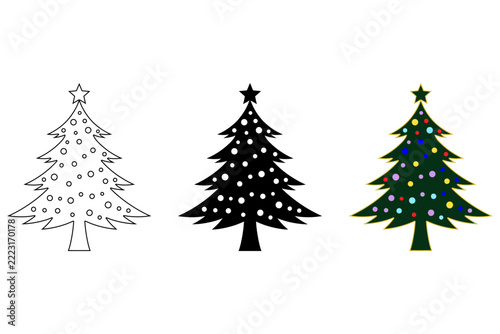 Set of three christmas tree icons with different styles including outline, solid black silhouette, and colorful decorated design
