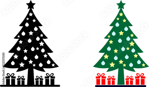 Set of two stylized christmas trees with gifts, one black silhouette and one green tree with yellow stars and blue ornaments, festive holiday vector illustration