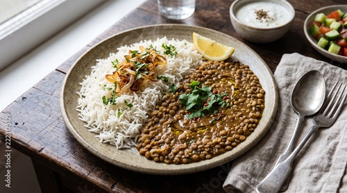 Traditional Pakistani lentil curry daal with white rice and lemon garnish on plate