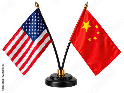 United States and China National Flags Displayed Together Representing Global Trade, Economic Competition, Diplomacy and International Relations