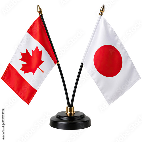 Canada and Japan National Flags on Desktop Stand Symbolizing International Friendship, Trade Cooperation, Cultural Exchange and Diplomatic Relations