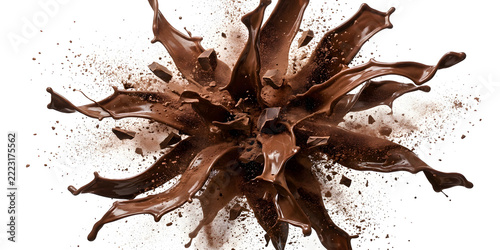 Liquid chocolate explosion in radial motion with cocoa chunks isolated on a clean white background
