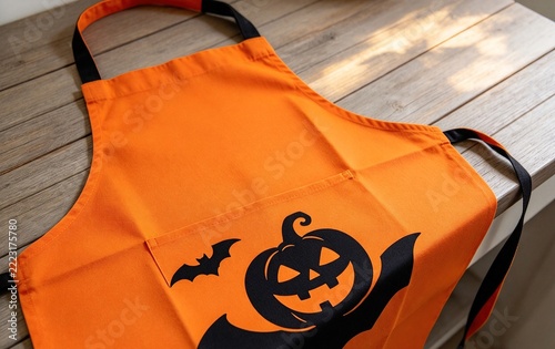 Halloween Apron Flat Lay, Orange Black Pumpkin Bat Silhouettes