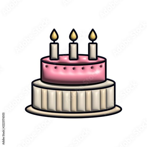 Pink birthday cake with three lit candles
