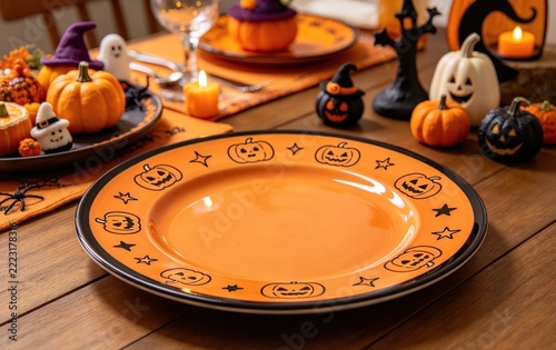 Halloween Ceramic Dinner Plate, Orange Black Pumpkin Star Pattern