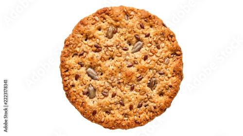 Single round multigrain cracker with toasted golden surface, visible sesame, flax and sunflower seeds, crisp wholesome snack texture, photorealistic, top-down close-up view, razor-sharp focus,