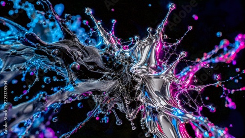 Abstract Chrome Liquid Splash with Blue and Pink Lighting Background