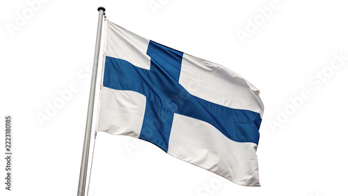 National flag of Finland blowing in wind on metallic flagpole isolated on transparent background