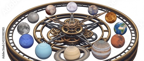 Detailed Image of Solar System Model with Planets and Clock.