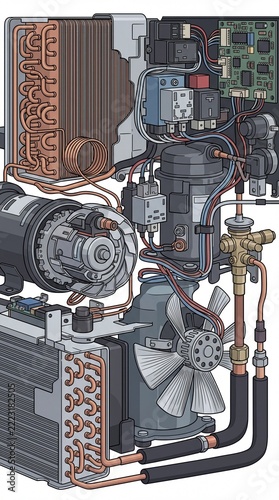 Detailed Mechanical System with Electronic Components and Wiring.
