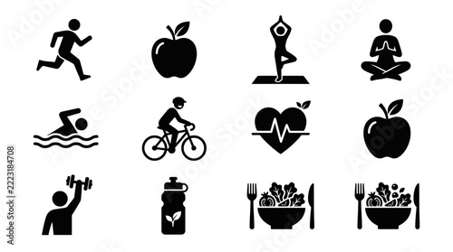 Healthy lifestyle icons with food and exercise.
