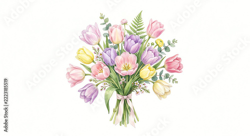 Delicate watercolor illustration of a spring floral bouquet with pastel pink, purple, and yellow tulips tied with a ribbon, isolated on a clean white background.