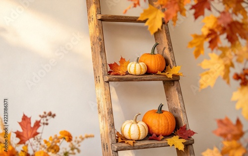 Old Wooden Ladder with Small Pumpkins and Autumn Leaves, Rustic Fall