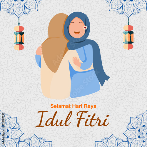 Two Women Hugging Celebrating Eid al-Fitr Flat Illustration