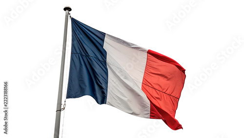 National flag of France blowing in wind on metallic flagpole isolated on transparent background