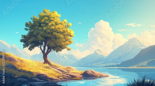 Solitary tree flourishes on a sunlit grassy bank beside a serene mountain lake