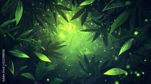 Lush green foliage frames a mysterious, brightly lit jungle clearing with glowing particles