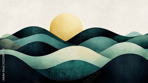 Stylized representation of layered ocean waves under a radiant sun depicts a serene landscape.