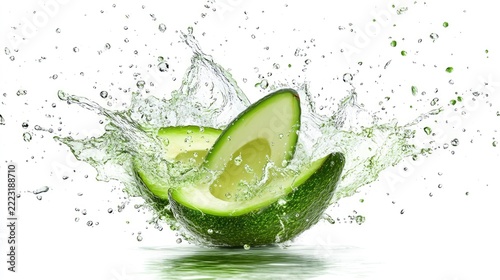 Halved fruit creates dynamic splash within clear liquid against a bright background