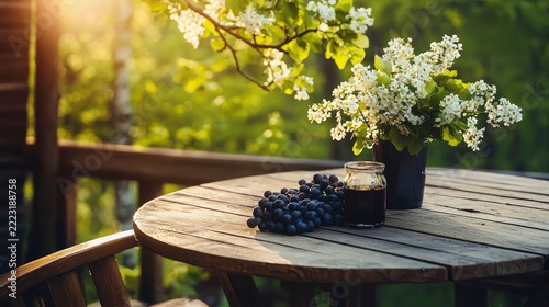 Rustic wooden table displays fresh grapes and a vase of white blossoms outdoors during golden hour light