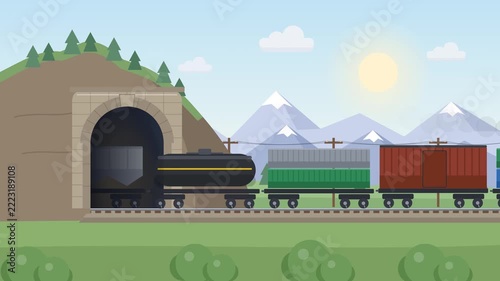 Long cargo freight train emerging from mountain tunnel animation