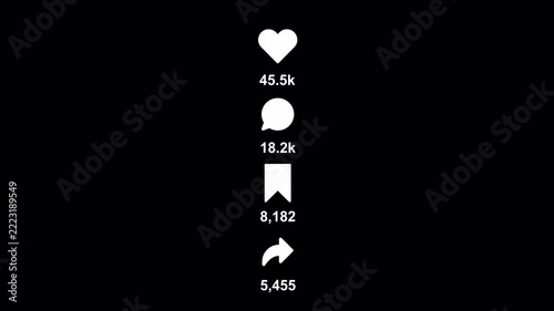 Social media engagement counter animation from 0 to 100k likes, comments and shares on a transparent background