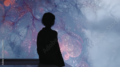 Silhouette of a person looking at a colorful abstract projection of