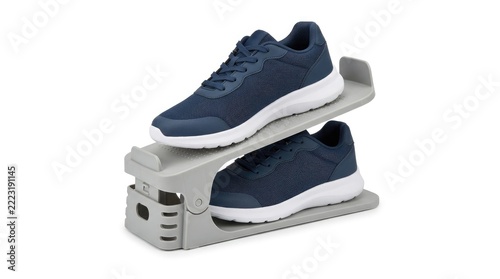 Pair of blue sneakers neatly stored on a gray space-saving shoe organizer