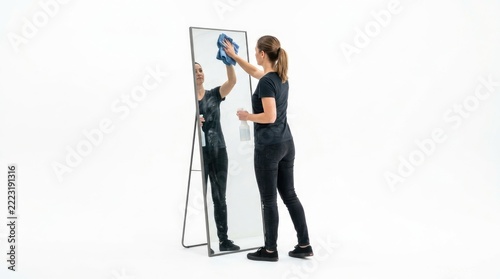 Woman cleaning a full-length mirror with a spray bottle and a blue cloth