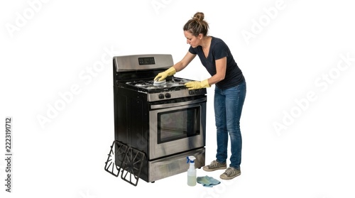 Woman wearing gloves meticulously cleaning a stainless steel kitchen stove