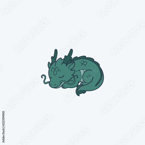 Cute Sleeping Ryu Japanese Dragon Kawaii Line Art Vector Illustration