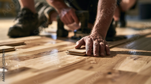 A construction worker installs wooden floorboards on a renovation project in a residential building
