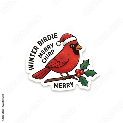 Cute Red Cardinal Bird Wearing Santa Hat with Holly Berries Christmas Sticker Illustration