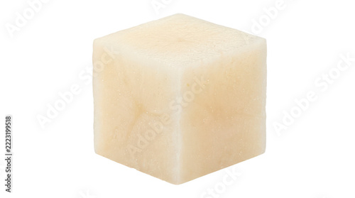 Single fresh raw potato cube with pale creamy flesh, clean diced edges, moist natural surface, and subtle starchy texture, photorealistic food ingredient photography, macro three-quarter view,