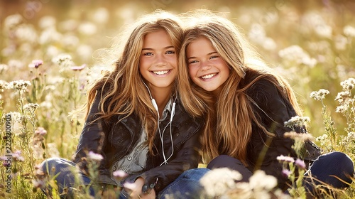 friends sitting shoulder to shoulder on a grassy hill, sharing headphones and smiling, wildflowers around them, warm sunlight, youthful companionship, natural relaxed expressions, lifestyle