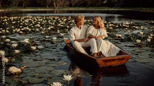 riding in a small wooden boat across a peaceful lake surrounded by blooming water lilies, gentle reflections, hands touching, soft morning light, timeless romantic atmosphere, realistic travel