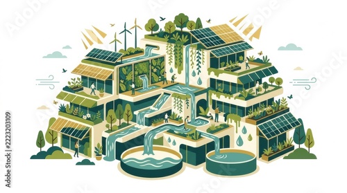 A vibrant illustration shows interconnected buildings using solar panels, wind turbines, and water features, emphasizing sustainability and nature.