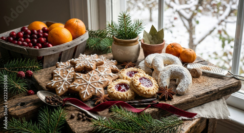 Stimmungsvolles Weihnachtsstillleben mit verschiedenen Plätzchen wie Zimtsternen und Vanillekipferl appetitlich arrangiert auf rustikalen Holzbrettern vor einem Fenster mit Blick auf eine verschneite 