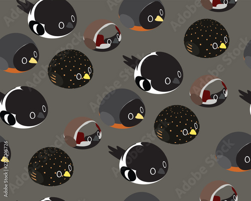 Bird Fat Magpie Sparrow Robin Starling Cute Cartoon Isometric Character Seamless Pattern Background Wallpaper