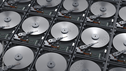 Mechanical hard drive platter array top view 3D rendering