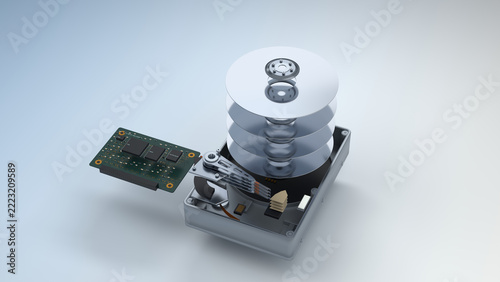 Mechanical hard drive disassembly and 3D rendering showing internal structure