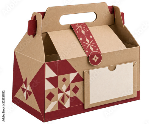 Kraft Paper Gable Gift Box With Burgundy Geometric Holiday Design
