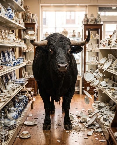 Bull disrupting a china shop, causing chaos and breaking delicate porcelain, representing clumsiness and destruction