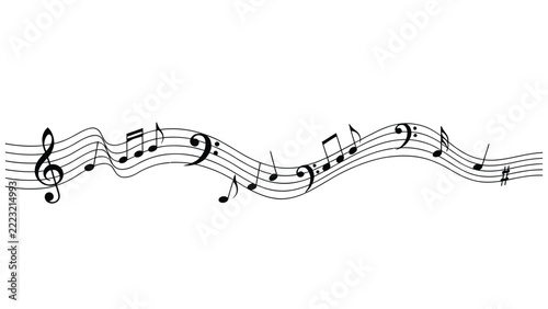 Flowing Musical Notes on Curved Staff Lines with Treble Clef, Black and White Melody Wave Vector Illustration.