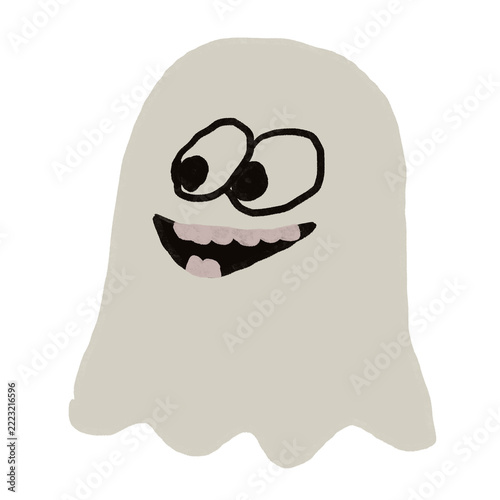 Cute silly ghost illustration for Halloween. Hand drawn retro friendly ghost character with funny teeth smile isolated