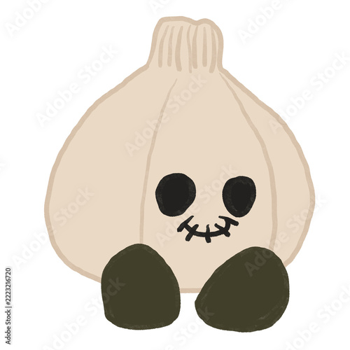 Cute Halloween garlic monster illustration. Hand drawn retro spooky garlic character with stitched mouth isolated