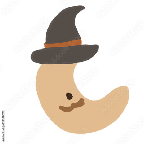Cute crescent moon wearing witch hat for Halloween. Hand drawn retro spooky illustration