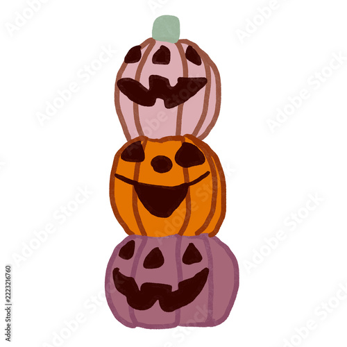 Cute stacked pumpkins illustration for Halloween. Three retro jack-o-lanterns with funny faces